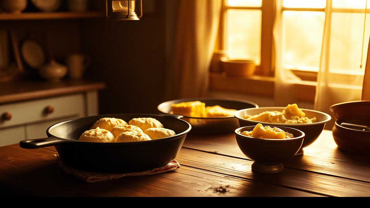 Cast iron skillet of biscuits, cornbread, and banana pudding on a farmhouse table at golden hour