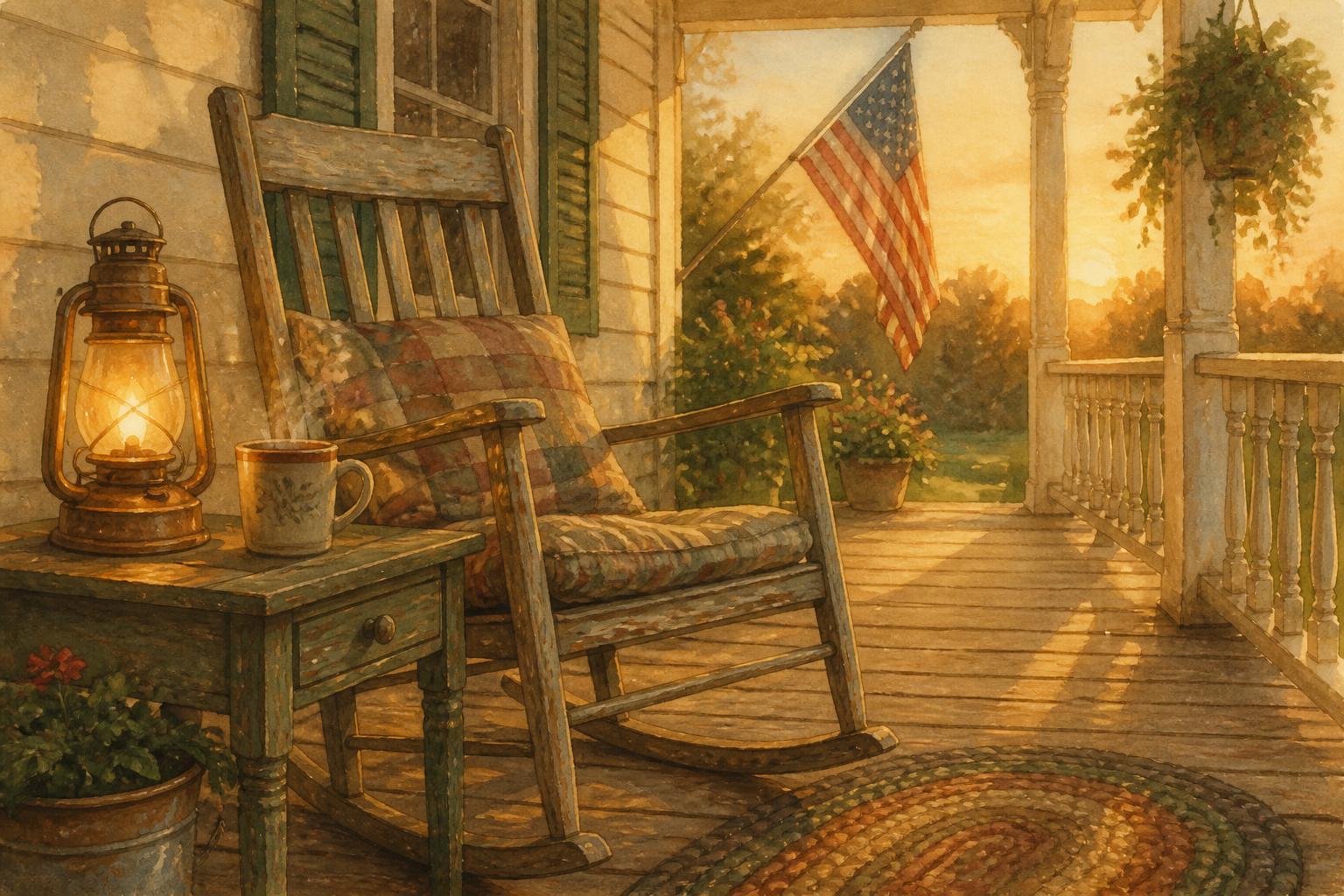 Watercolor porch with a rocking chair, lantern, and coffee at golden hour